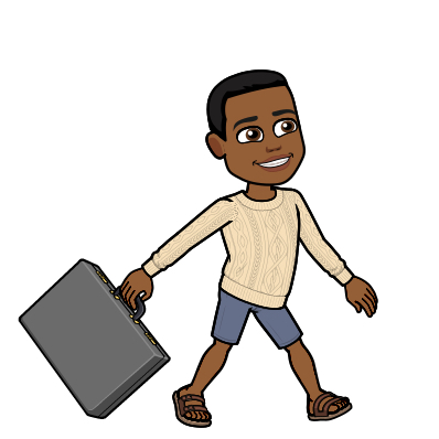 a cartoon of Kennedy's bitmoji avatar walking with a briefcase